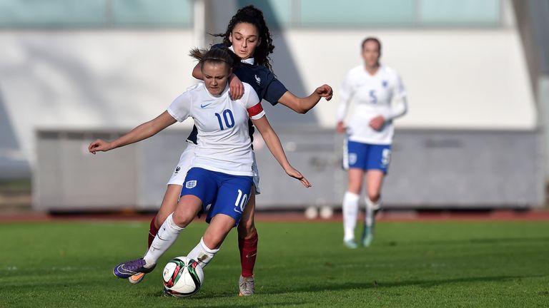 Georgia Stanway of England and Lisa Boussaha of France battle for the ball during the U17 friendly match between France and England on December 19 2015