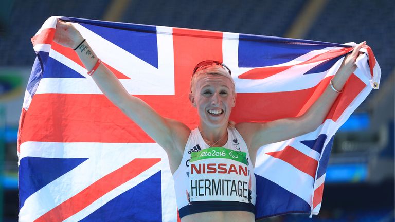 Great Britain's Georgina Hermitage celebrates winning gold in the Women's 400m T37 Final at the Olympic Stadium during the sixth day of the 2016 Rio Paraly