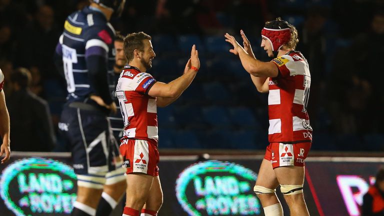 Greig Laidlaw of Gloucester Rugby celebrates after their Aviva Premiership win