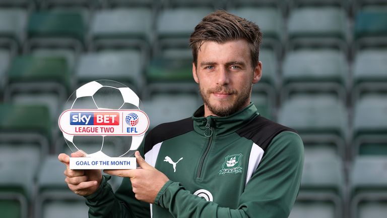 Graham Carey of Plymouth Argyle with the Sky Bet League Two Goal of the Month award
