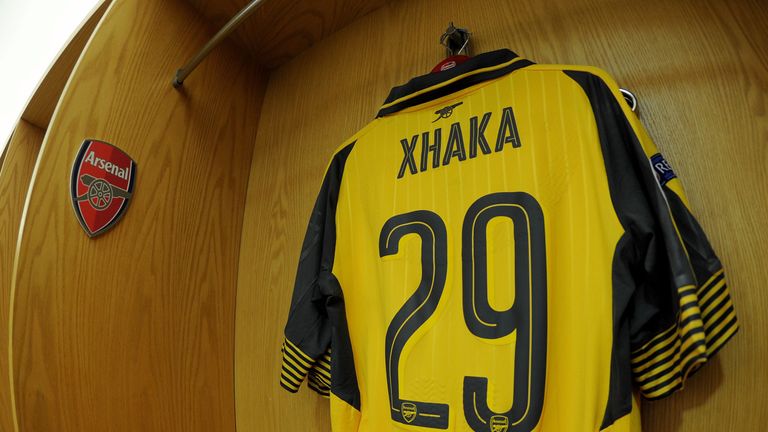 Granit Xhaka's shirt hangs in the Arsenal dressing room ahead of the Champions League game with Basel