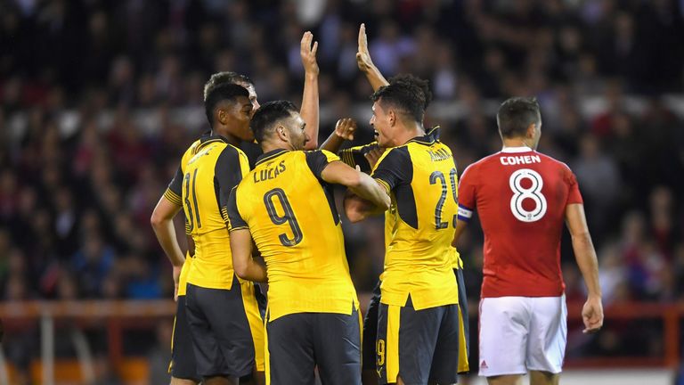 Granit Xhaka goal celeb, Nottingham Forest v Arsenal, EFL Cup