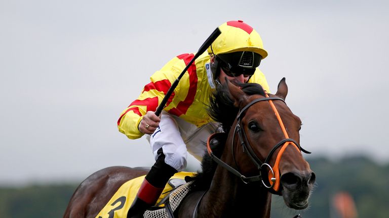 Adam Kirby celebrates on Harry Angel after winning the Dubai Duty Free Mill Reef Stakes at Newbury