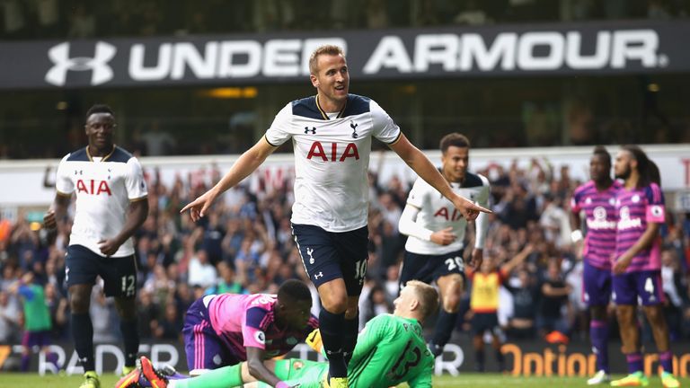 Harry Kane celebrates after scoring from close range for Tottenham against Sunderland
