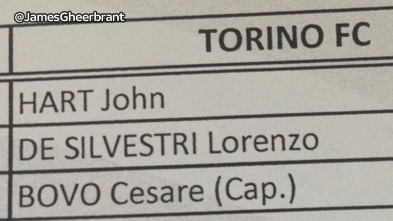 Joe Hart was named as John Hart on Torino's official team sheet