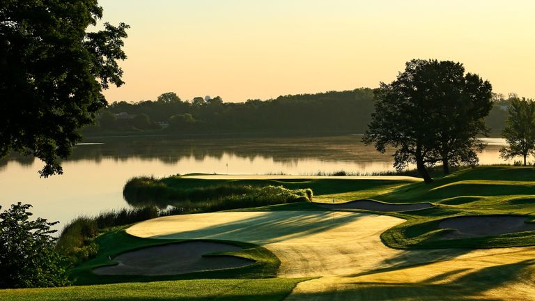 CHASKA, MN - AUGUST 11:  The 452 yards par 4, 10th hole with the 7th green behind (the 7th normally plays as the 16th hole) at Hazeltine National Golf Club