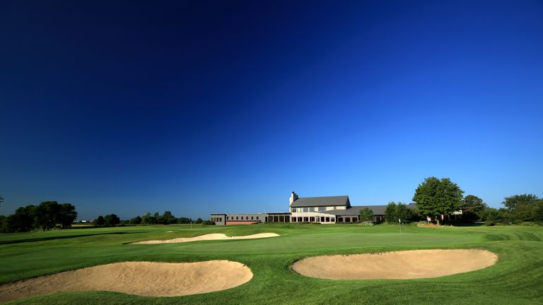 CHASKA, MN - AUGUST 12: A view of the green on the 475 yards par 4, 9th hole (which plays as the 18th hole normally) with the 18th green behind (which play