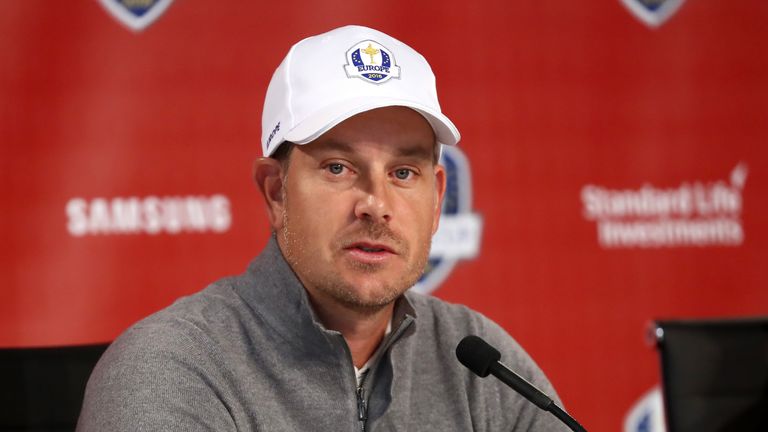 CHASKA, MN - SEPTEMBER 28:  Henrik Stenson of Europe speaks in a press conference prior to the 2016 Ryder Cup at Hazeltine National Golf Club on September 