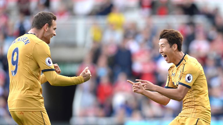 Heung-Min Son (right) celebrates with Vincent Janssen after scoring his side's first goal at the Riverside Stadium
