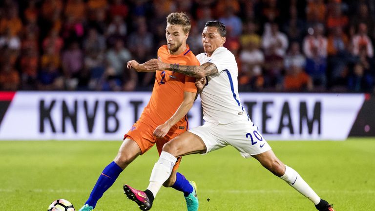 Netherlands' Joel Veltman (L) vies with Greece's Jose Cholebas during a friendly football match Netherlands vs Greece at the Philips Stadium in Eindhoven, 
