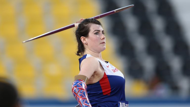 DOHA, QATAR - OCTOBER 31:  Hollie Arnold of Great Britain competes in the women's javelin F46 final during the Evening Session on Day Ten of the IPC Athlet