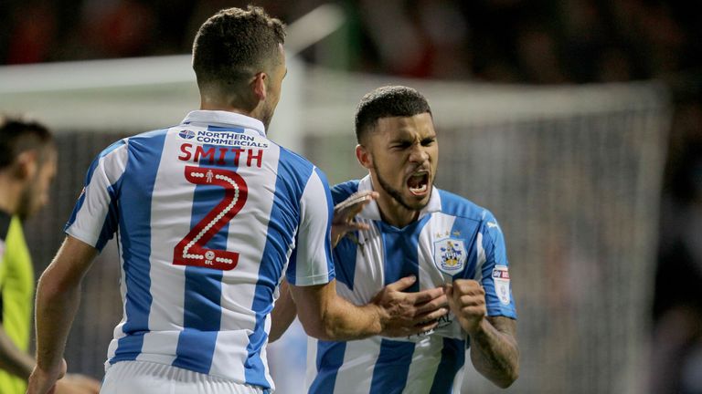 Huddersfield Town's Nahki Wells (right) celebrates after scoring