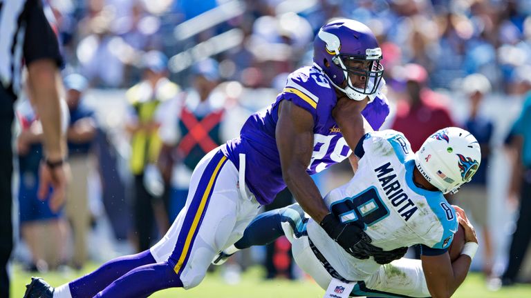 NASHVILLE, TN - SEPTEMBER 11:  Danielle Hunter #99 of the Minnesota Vikings sacks Marcus Mariota #8 of the Tennessee Titans at Nissan Stadium on September 