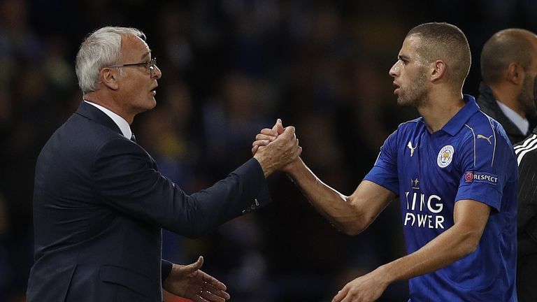 Leicester manager Claudio Ranieri congratulates striker Islam Slimani 