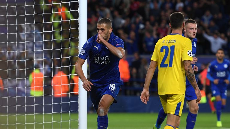 Islam Slimani celebrates after scoring for Leicester against FC Porto