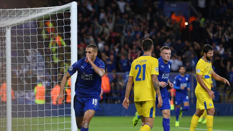 Islam Slimani celebrates putting Leicester ahead against Porto