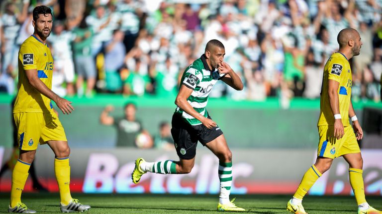Sporting's Islam Slimani celebrates after scoring during the Portuguese league football match against Porto in August 2016