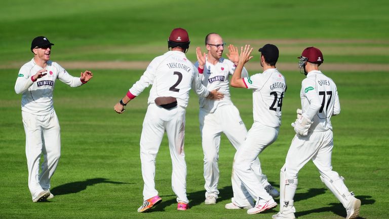 TAUNTON, UNITED KINGDOM - SEPTEMBER 07: Jack Leach of Somerset celebrates the wicket of Jonathan Trott during Day Two of the Specsavers County Championship