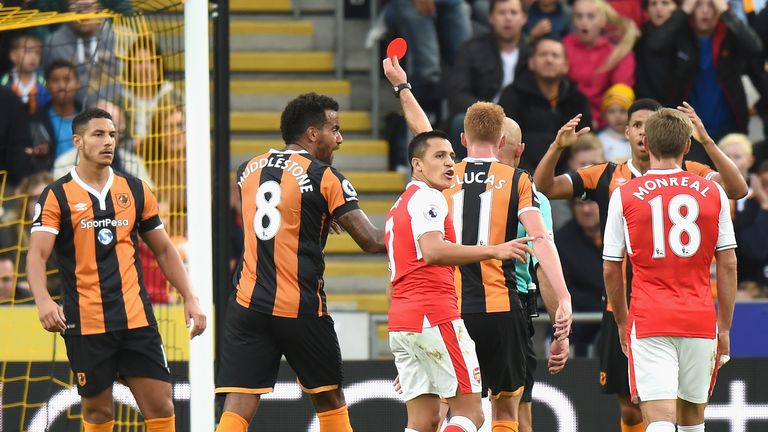 HULL, ENGLAND - SEPTEMBER 17: Jake Livermore of Hull City (L) gets sent off during the Premier League match between Hull City and Arsenal at KCOM Stadium o