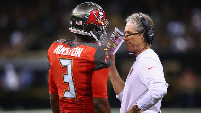 NEW ORLEANS, LA - SEPTEMBER 20:  Offensive coordinator Dirk Koetter and Jameis Winston #3 of the Tampa Bay Buccaneers at Mercedes-Benz Superdome on Septemb