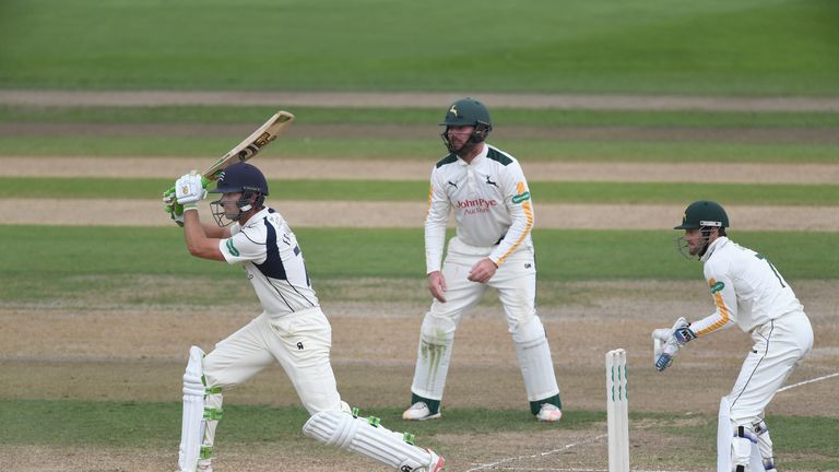 James Franklin of Middlesex hits out during Day 4 of the LV County Championship match between Nottinghamshire and Middlesex