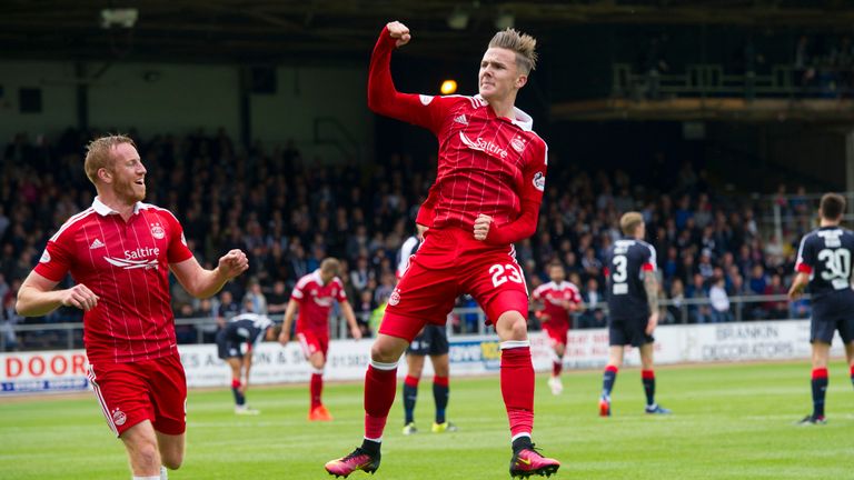Aberdeen's James Maddison celebrates his goal with Adam Rooney