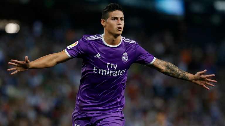 Real Madrid's Colombian midfielder James Rodriguez celebrates after scoring the opener