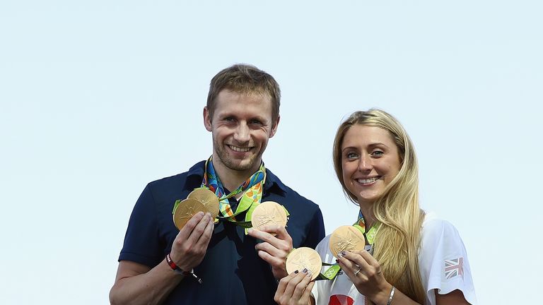 RIO DE JANEIRO, BRAZIL - AUGUST 17:  Team GB cyclists Laura Trott and Jason Kenny pose with their gold medals at Adidas House on August 17, 2016 in Rio de 