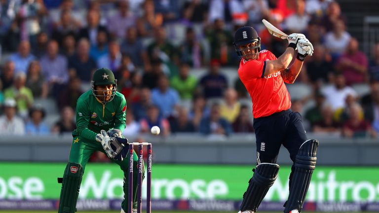 Jason Roy of England in action batting during the NatWest International T20 match between England and Pakistan at Old Trafford