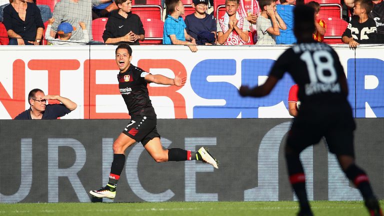 Javier Hernandez celebrates his goal for Bayer Leverkusen