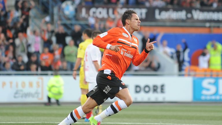 Lorient's French forward Jeremie Aliadiere celebrates after scoring a goal against Lille on May 17, 2014
