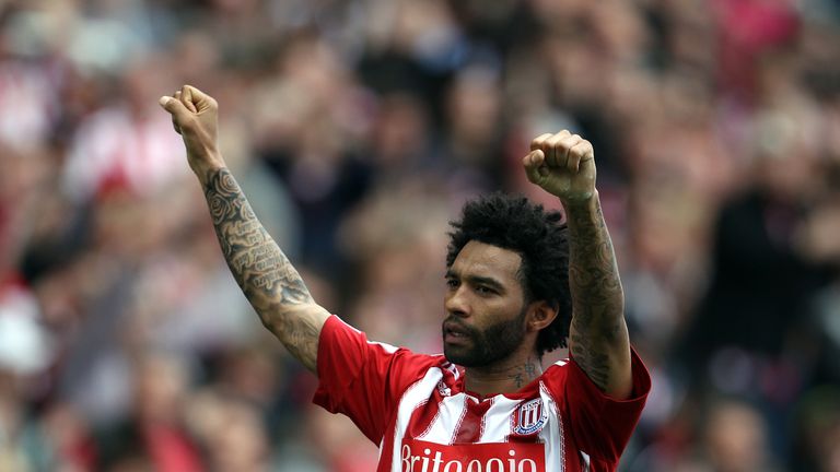 Stoke City's Jermaine Pennant celebrates scoring their second goal against Arsenal during the Premiership football match at The Brittania Stadium in Stoke 
