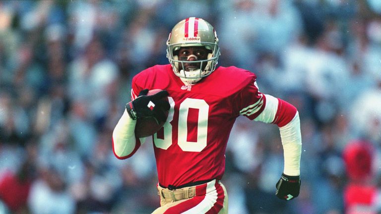 12 Nov 1995: Jerry Rice #80 of the San Francisco 49ers runs for a touch down during the game against the Dallas Cowboys at the Texas Stadium in Irving, Tex