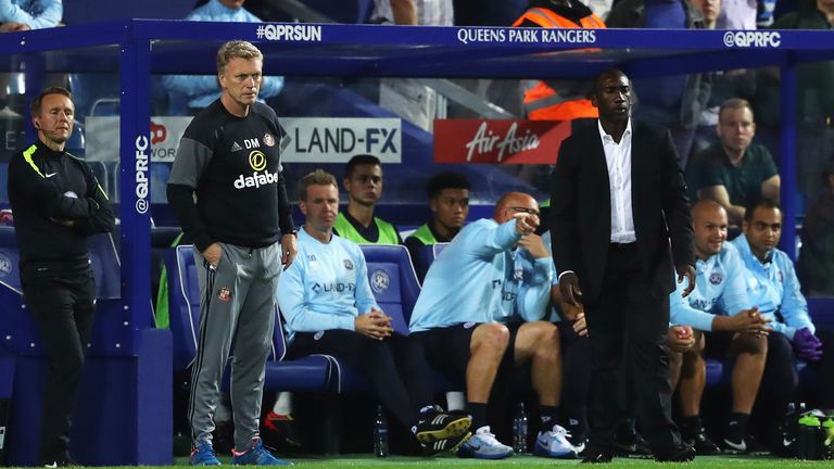 LONDON, ENGLAND - SEPTEMBER 21: David Moyes, Manager of Sunderland and Jimmy Floyd Hasselbaink manager of QPR look on during the EFL Cup Third Round match 