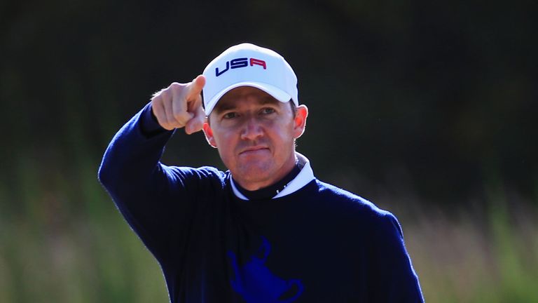 AUCHTERARDER, SCOTLAND - SEPTEMBER 26:  Jimmy Walker of the United States celebrates after chipping in from the bunker on the 9th hole during the Morning F
