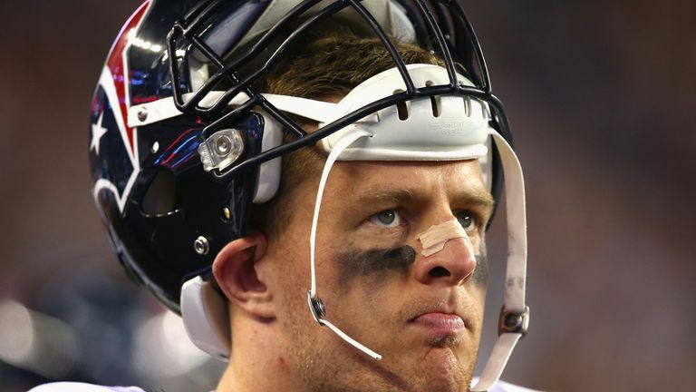 FOXBORO, MA - SEPTEMBER 22:  J.J. Watt #99 of the Houston Texans looks on during the first half against the New England Patriots at Gillette Stadium on Sep