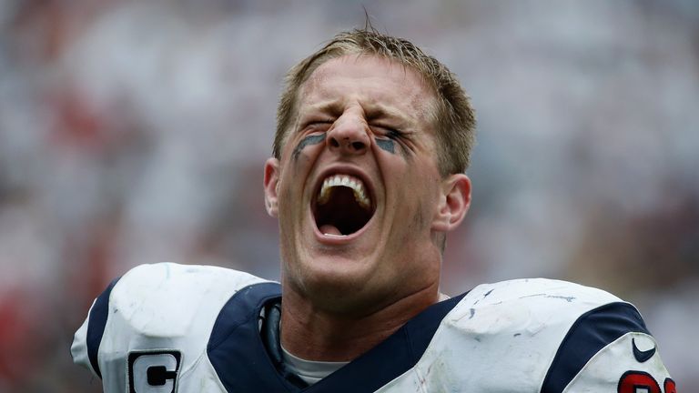 HOUSTON, TX - SEPTEMBER 15:  J.J. Watt #99 of the Houston Texans screams towards the stands during the game against the Tennessee Titans at Reliant Stadium