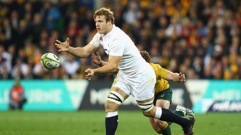 MELBOURNE, AUSTRALIA - JUNE 18:  Joe Launchbury of England passes during the International Test match between the Australian Wallabies and England at AAMI 