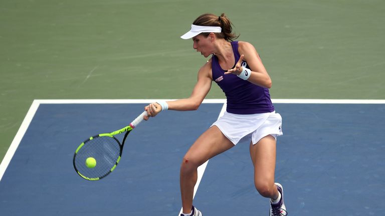 NEW YORK, NY - SEPTEMBER 02:  Johanna Konta of the United Kingdom returns a shot to Belinda Bencic of Switzerland during her third round Women's Singles ma
