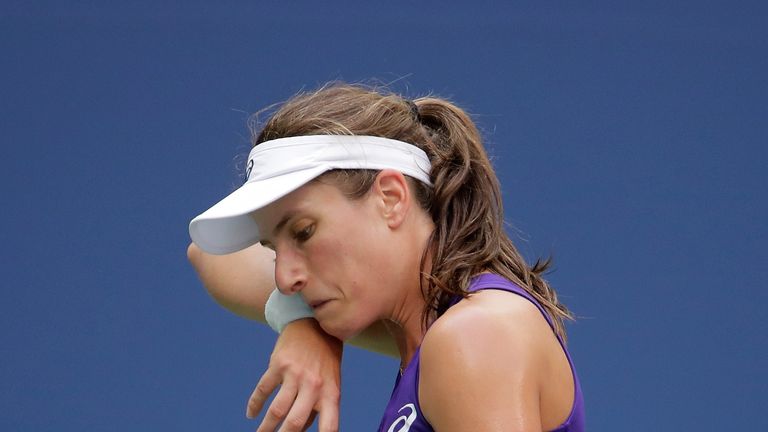 NEW YORK, NY - SEPTEMBER 04:  Johanna Konta of the United Kingdom reacts against Anastasija Sevastova of Lativa during her fourth round Women's Singles mat