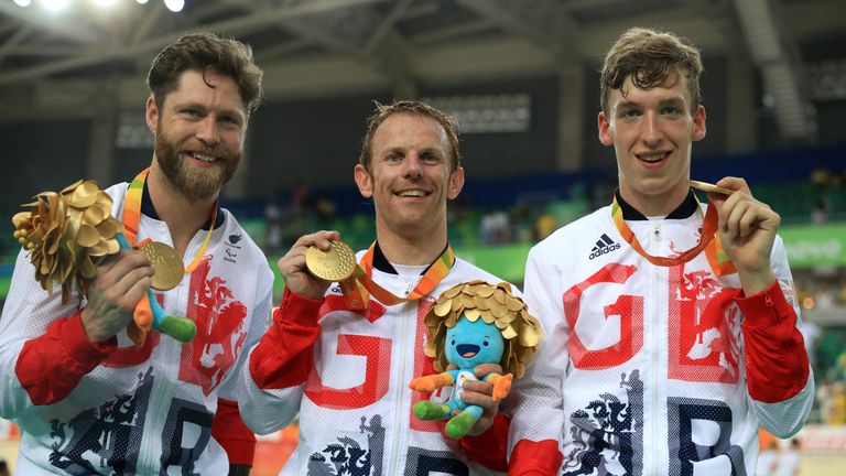 Butterworth, Jody Cundy and Louis Rolfe celebrate after winning goal at Rio 2016