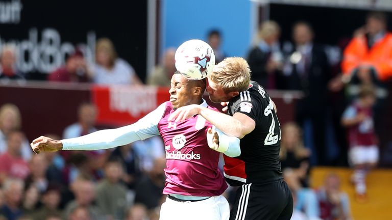 Aston Villa's Jonathan Kodjia (left) and Nottingham Forest's Damien Perquis battle for the ball during the Sky Bet Championship match at Villa Park