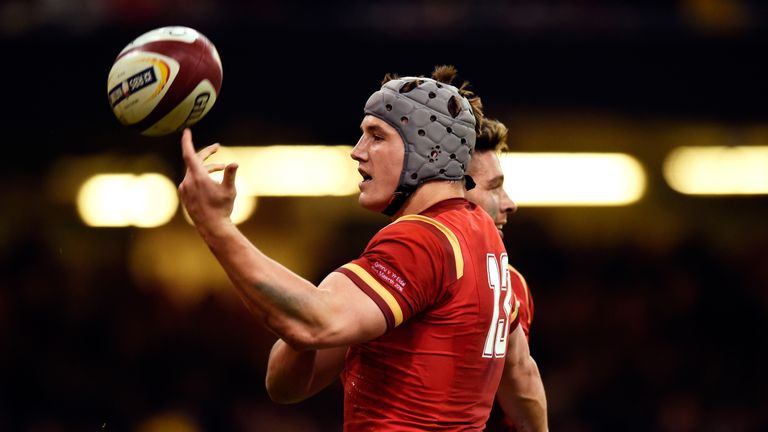 Jonathan Davies of Wales celebrates after scoring his team's third try during the RBS Six Nations match between Wales and Italy