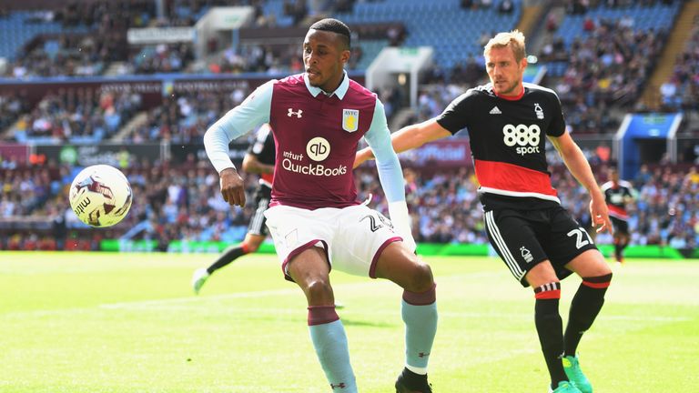 Jonathan Kodja of Villa in action with Damien Perquis of Notts Forest during the Sky Bet Championship match