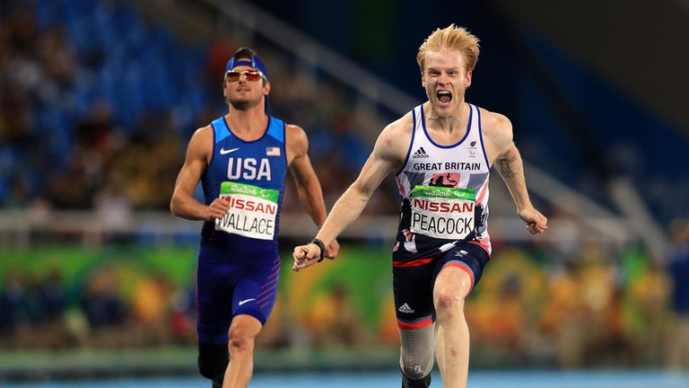 Great Britain's Jonnie Peacock celebrates winning gold during the Men's 100m - T44 final