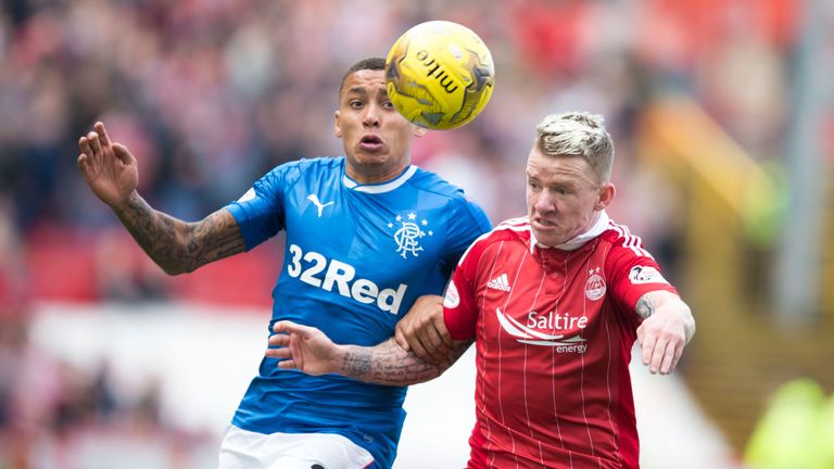 Aberdeen's Jonny Hayes (right) and Rangers' James Tavernier battle for the ball during the Ladbrokes Scottish Premiership match at Pittodrie
