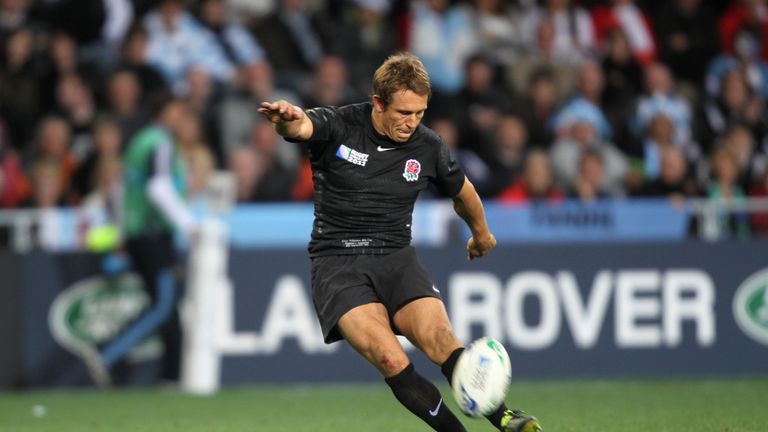 England's Jonny Wilkinson kicks the conversion after Ben Youngs scores a try during the 2011 Rugby World Cup in New Zeland