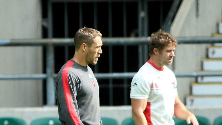 Jonny Wilkinson, former Toulon player and now kicking coach, (left) is pictured with Leigh Halfpenny