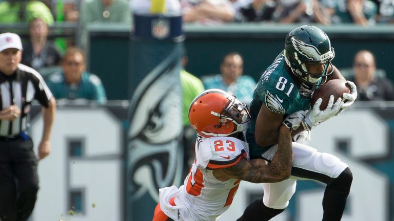 PHILADELPHIA, PA - SEPTEMBER 11: Jordan Matthews #81 of the Philadelphia Eagles runs with the ball and is tackled by Joe Haden #23 of the Cleveland Browns 