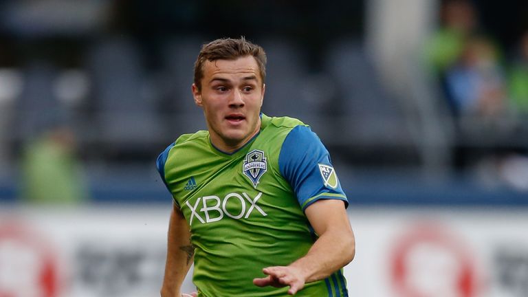Jordan Morris #13 of the Seattle Sounders FC in action against Sporting Kansas City at CenturyLink Field on March 6, 2016
